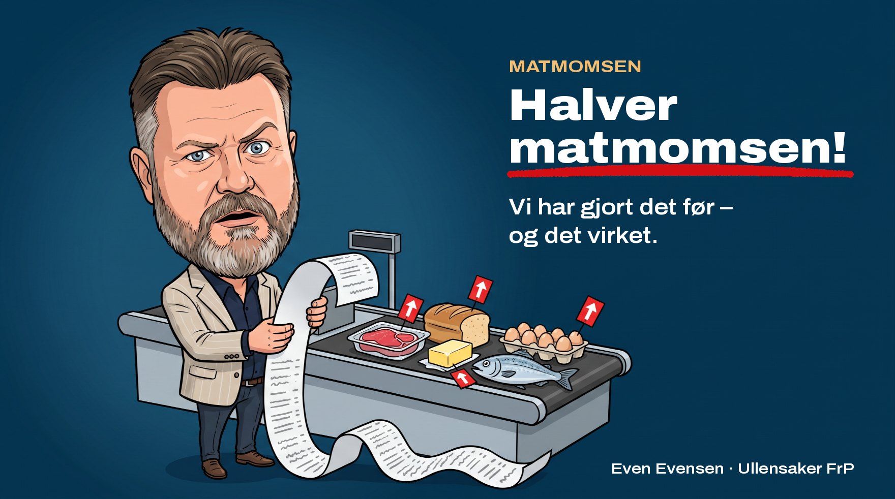Karikatur av Even Evensen med en meterlang kassalapp.